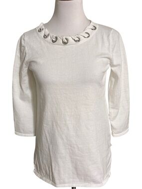 Spense White Grommet-Trim Crewneck Top